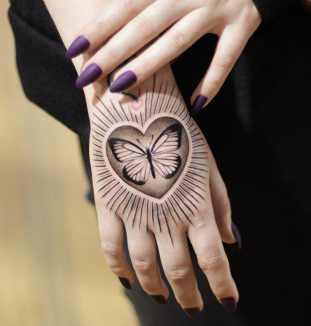 Butterfly & Heart Hand Tattoo