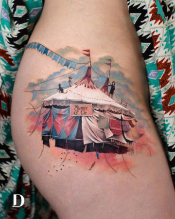 Circus big top tent hip tattoo