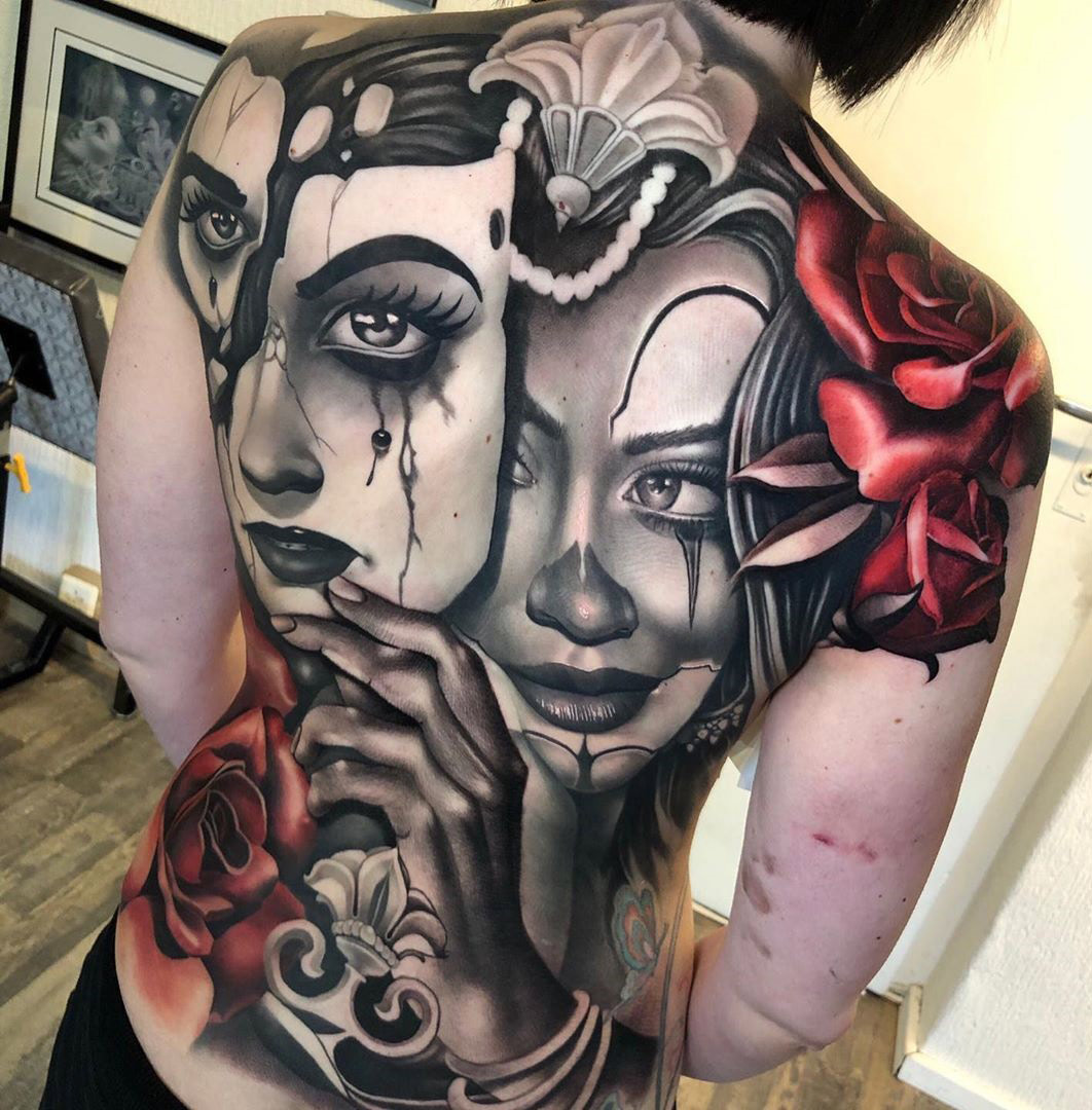 Clown girl back tattoo