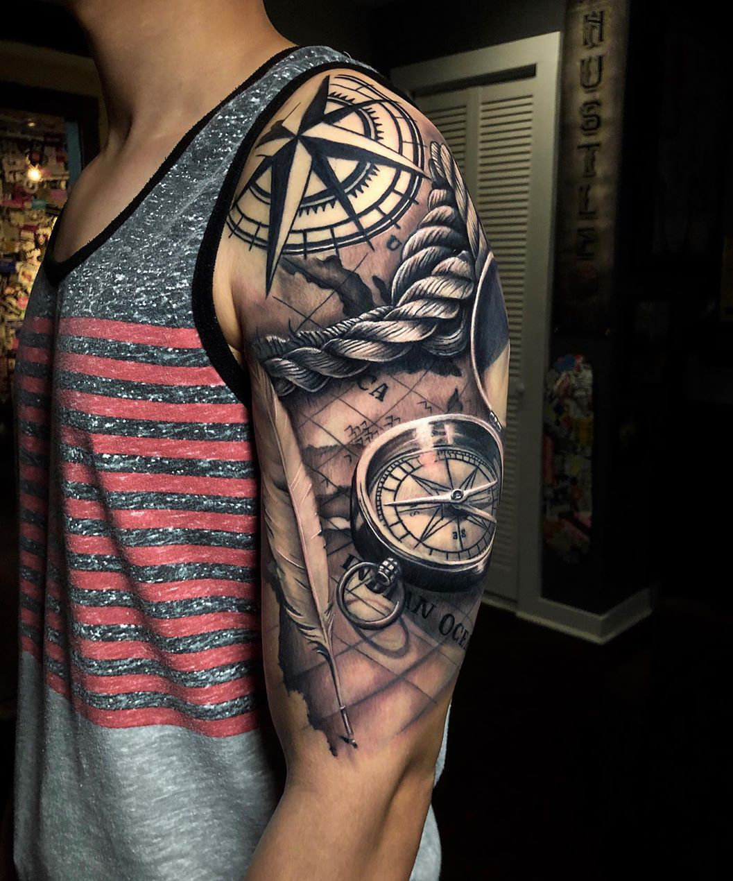 Map & Compass Upper Arm Tattoo
