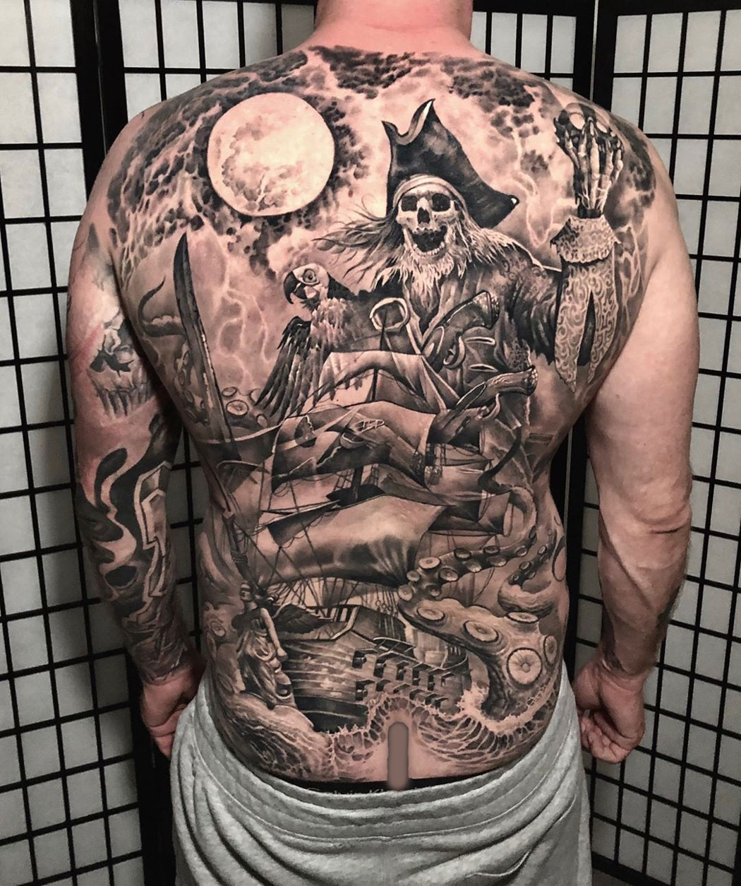Skeleton Pirate Full Back Tattoo
