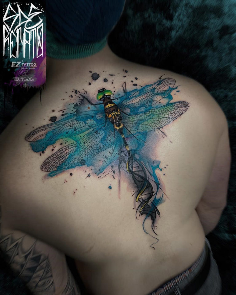 Dragonfly & DNA back tattoo