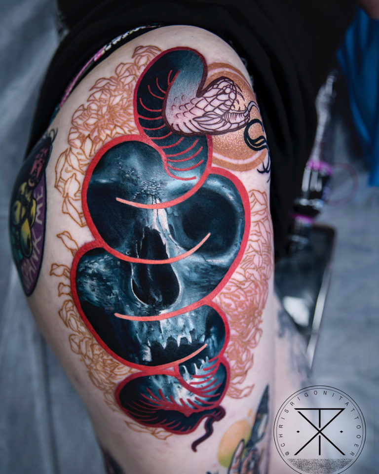 Skull & Snake Hip Tattoo