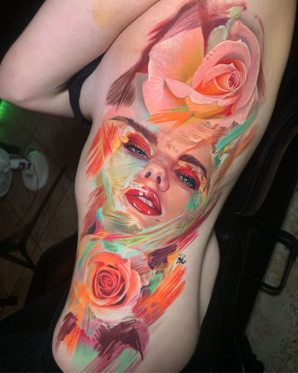Portrait With Colorful Brushstrokes & Roses