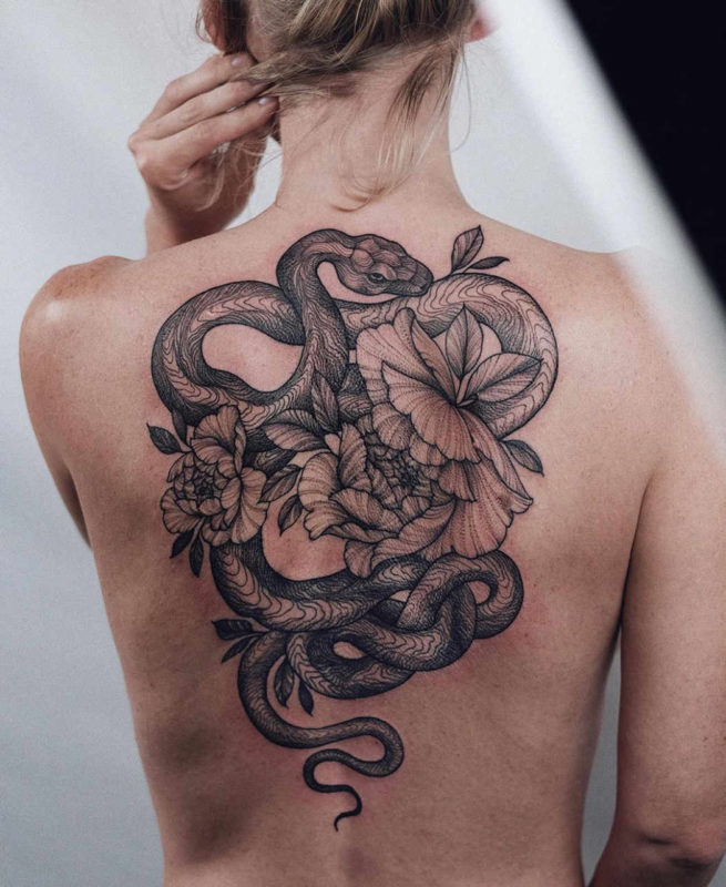 Snake & flowers b&g back piece