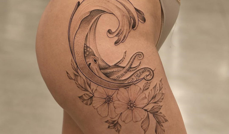 Wave & Octopus Hip Tattoo