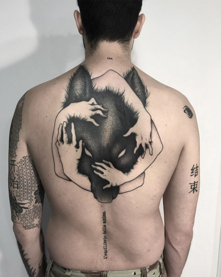 Black Wolf back tattoo