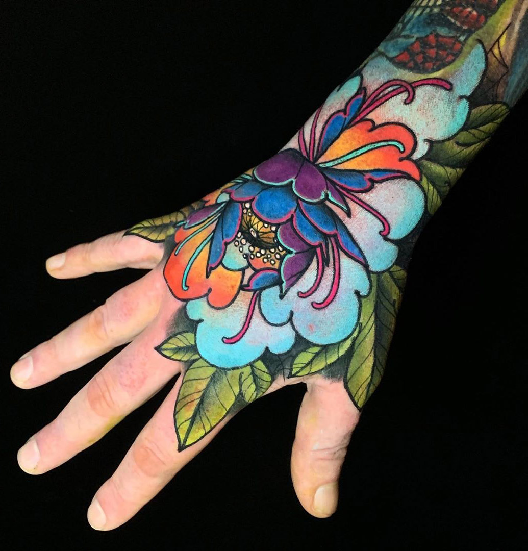 Colorful Peony Hand Tattoo