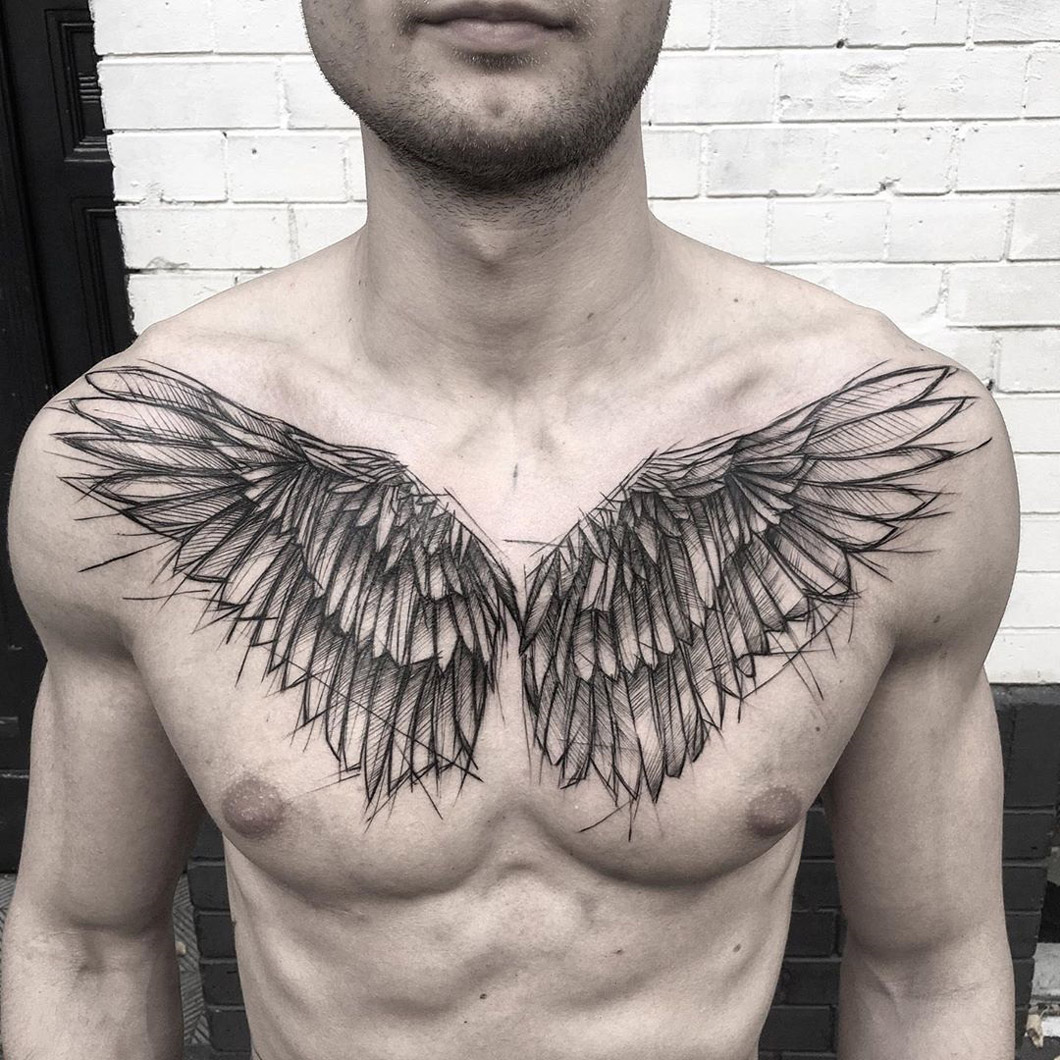 Sketch wings on mens chest