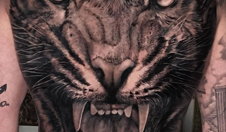 Realistic Tiger Full Back Tattoo