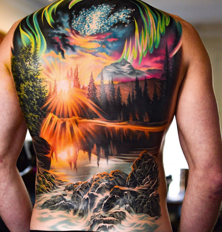 Northern Lights full back tattoo