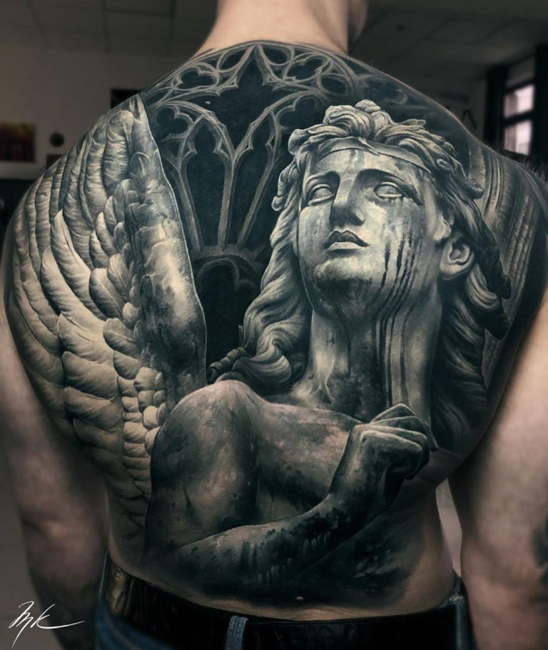 Angel Statue back coverup tattoo
