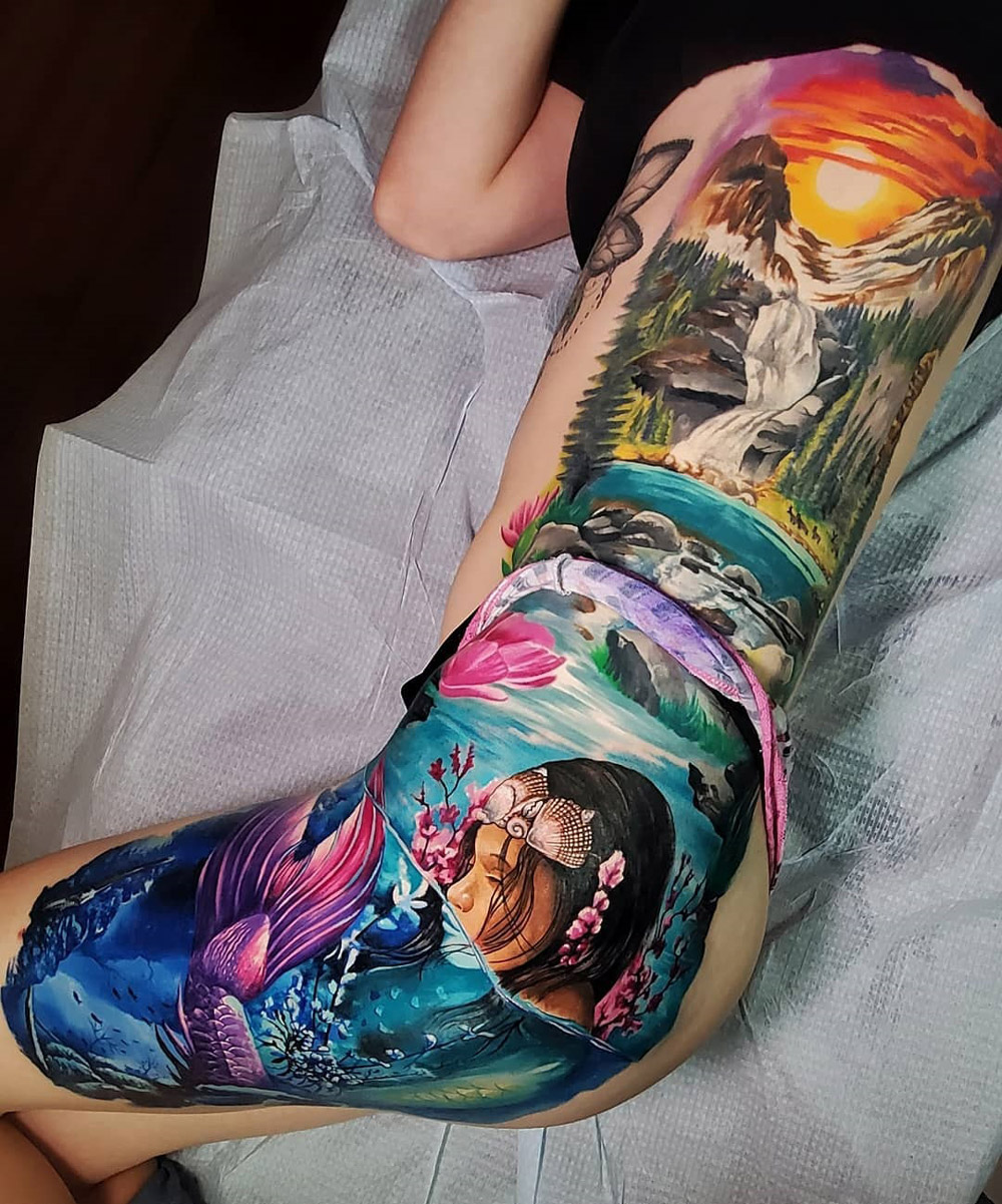 Amazing Colored Mermaid Thigh Tattoo