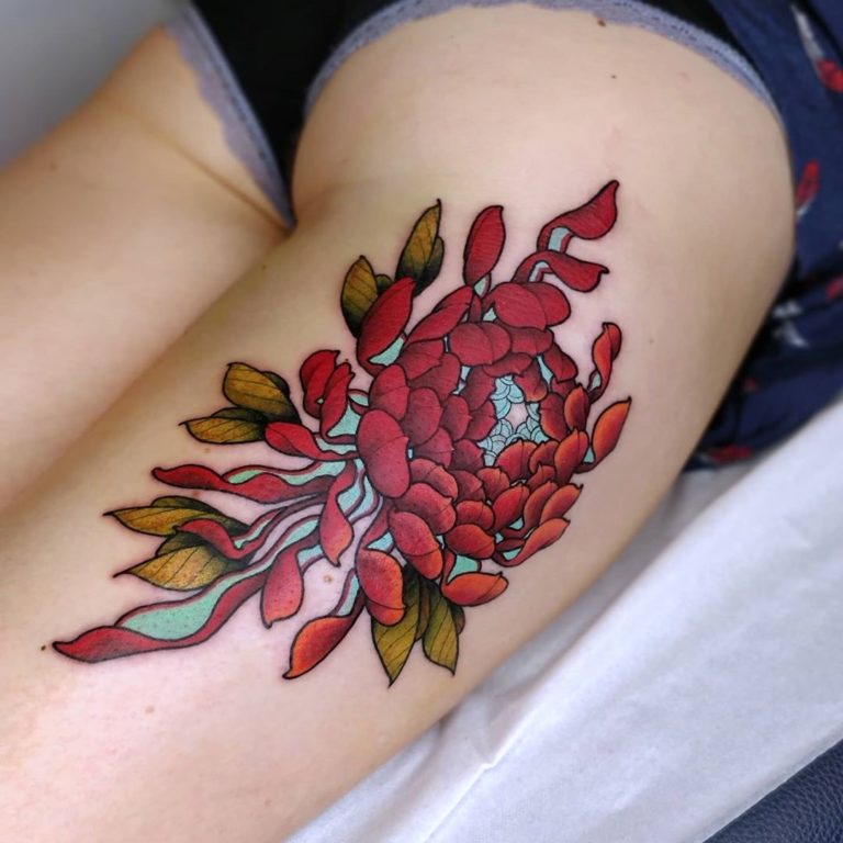 Chrysanthemum thigh tattoo