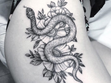 Snake & Flowers Hip Tattoo