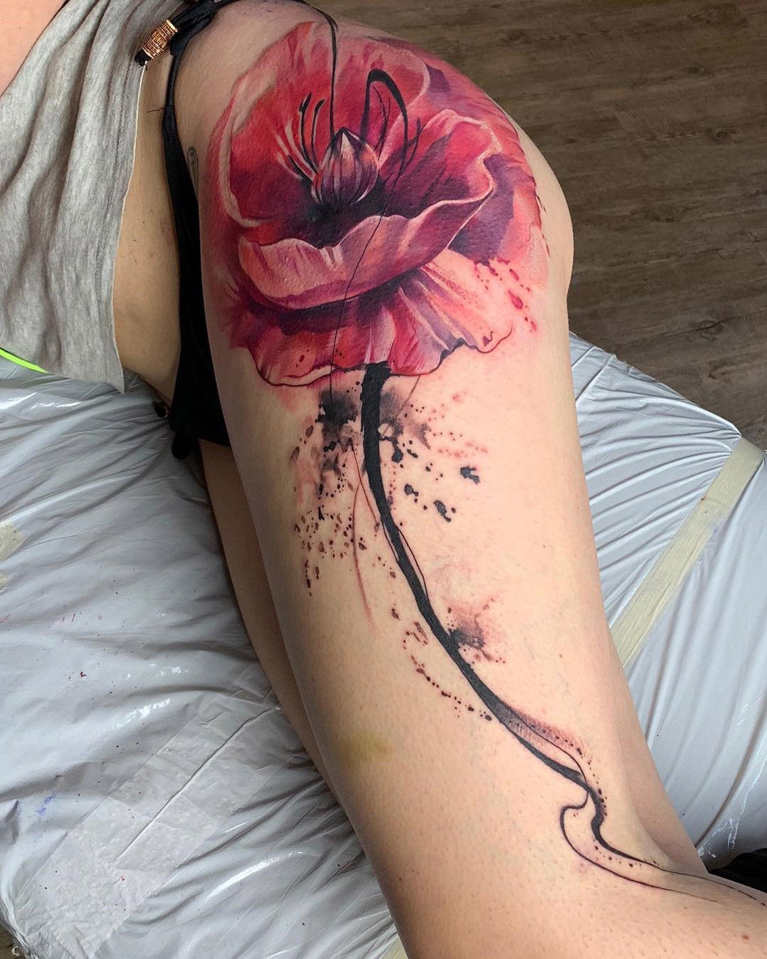 Pink Watercolor Poppy Hip & Thigh Tattoo