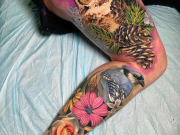 Owl & Blue Jay Full Leg Tattoo