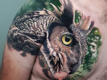 Owl tattoo on shoulder and chest