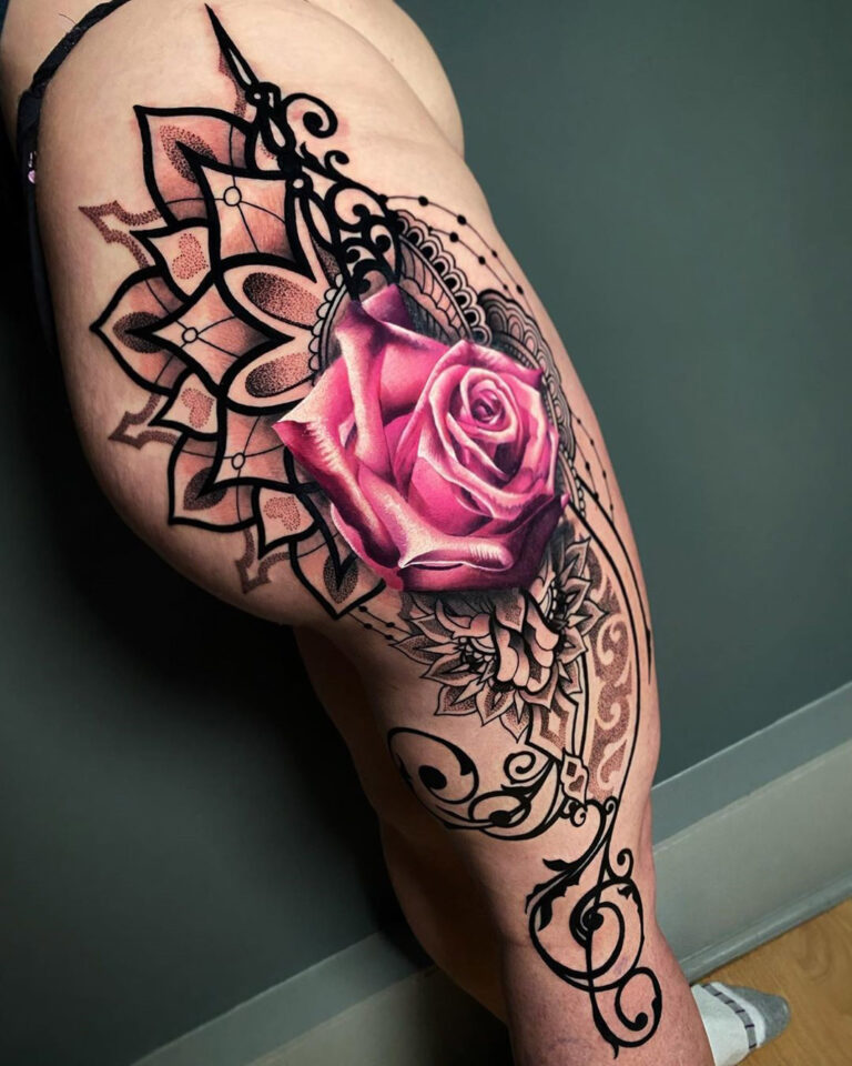 Mandala & Rose leg tattoo