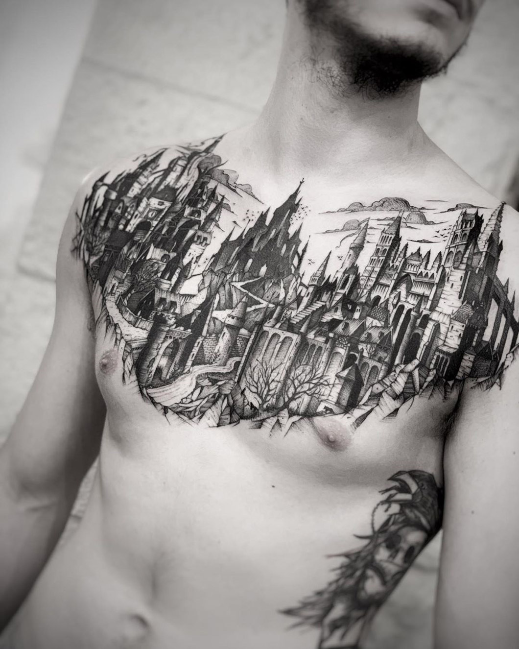Medieval City - Men's Dark Chest Tattoo