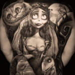 Tim Burton themed back tattoo