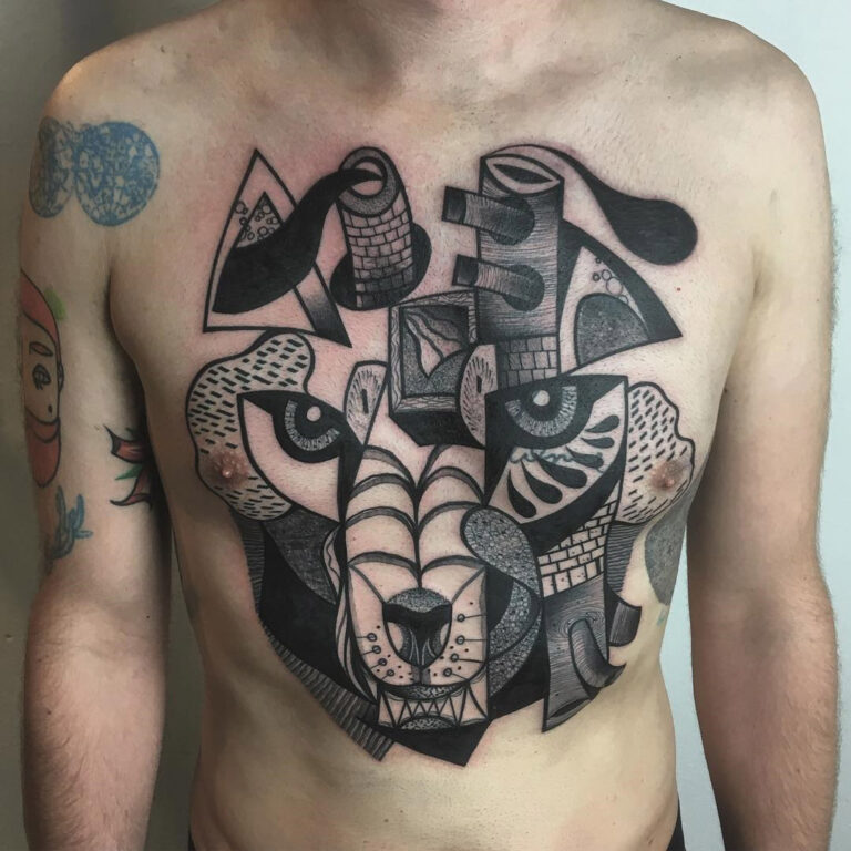 Abstract Wolf Chest Tattoo
