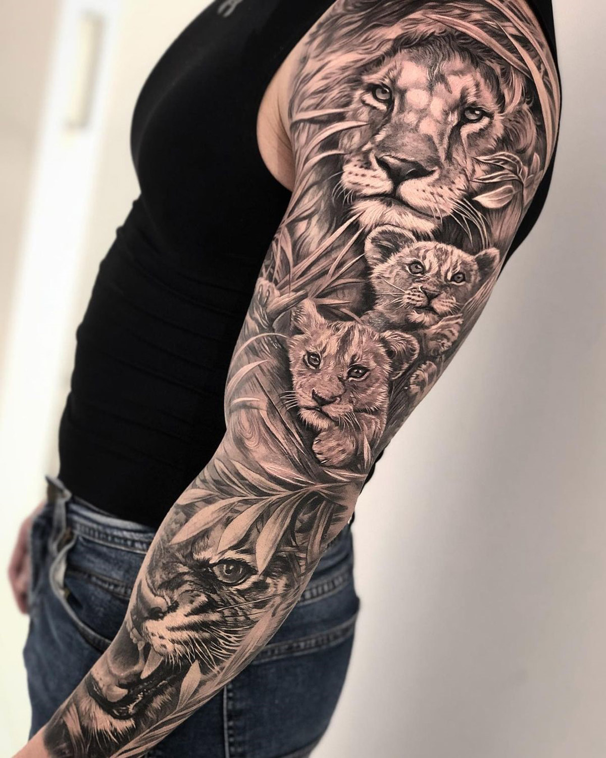 Lion With Cubs & Tiger Sleeve | Best Tattoo Ideas For Men & Women, 7000