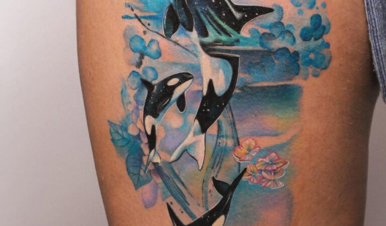 Orcas Watercolor Thigh Tattoo