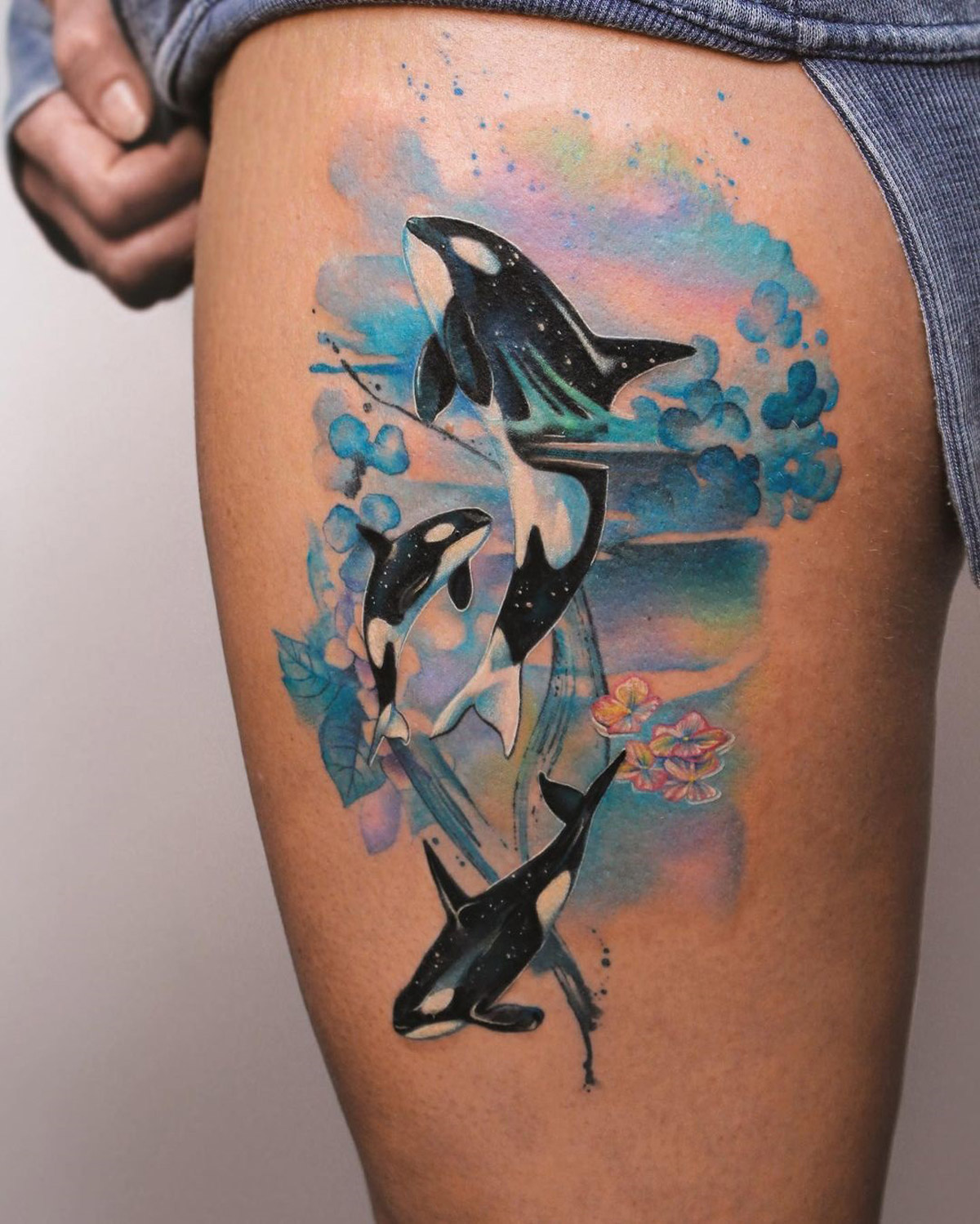 Orcas Thigh Tattoo