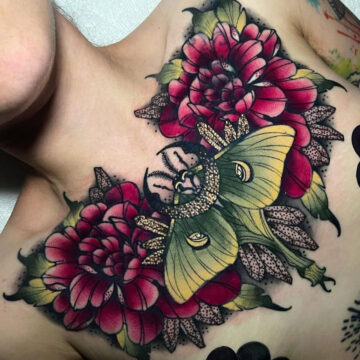 Luna moth and moon chest tattoo
