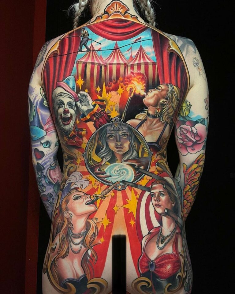 Circus Themed Back Tattoo