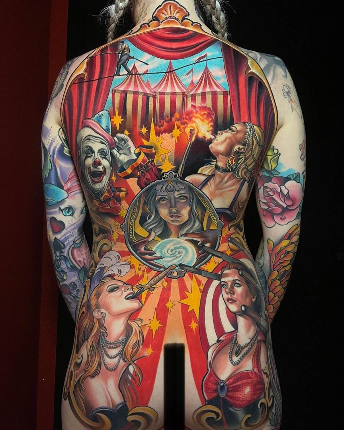 Circus Themed Back Tattoo