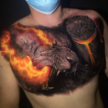 Lion Fire Chest Tattoo