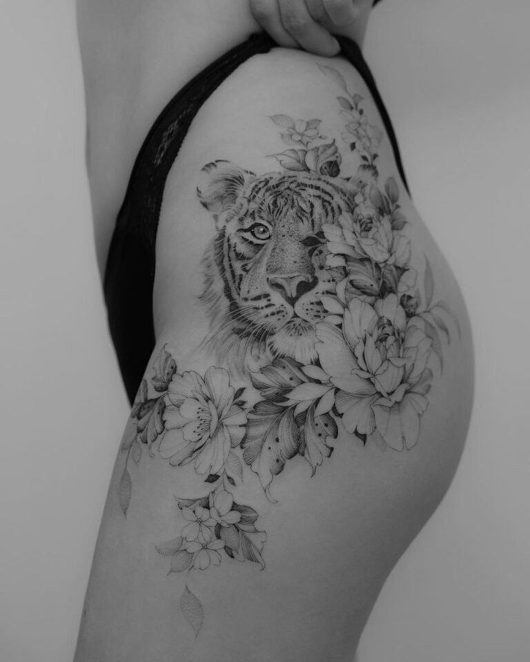 Tiger & Flowers Hip Tattoo