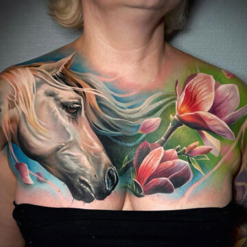 Horse & Magnolia Chest Tattoo