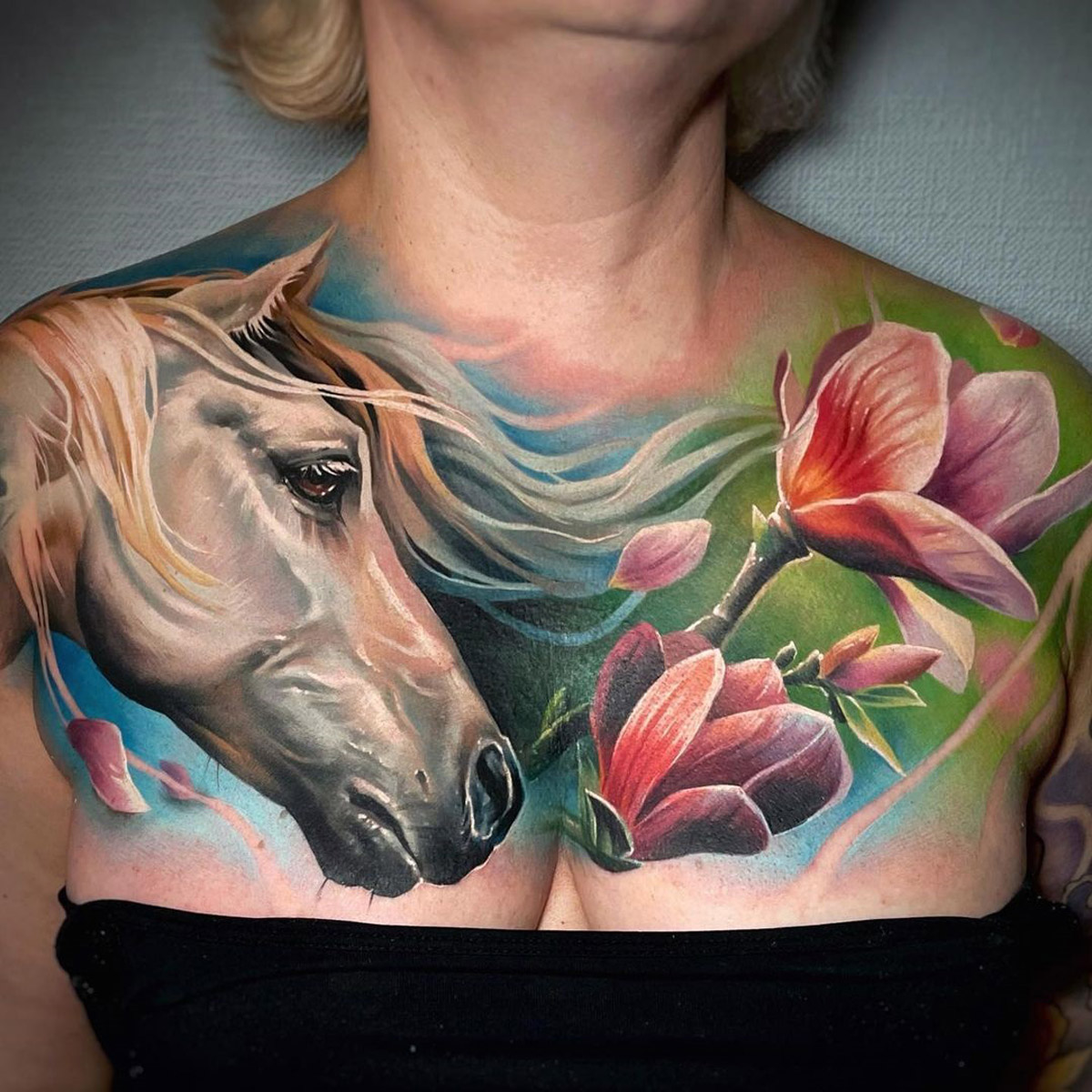 Horse & Magnolia Flowers, Woman's Chest Tattoo | Best Tattoo Ideas For Men  & Women