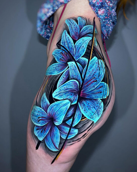 Blue Lilies, Girl's Hip Tattoo | Best Tattoo Ideas For Men & Women