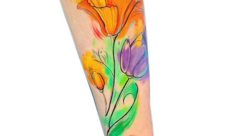 Poppies & Tulip Watercolor Forearm Tattoo