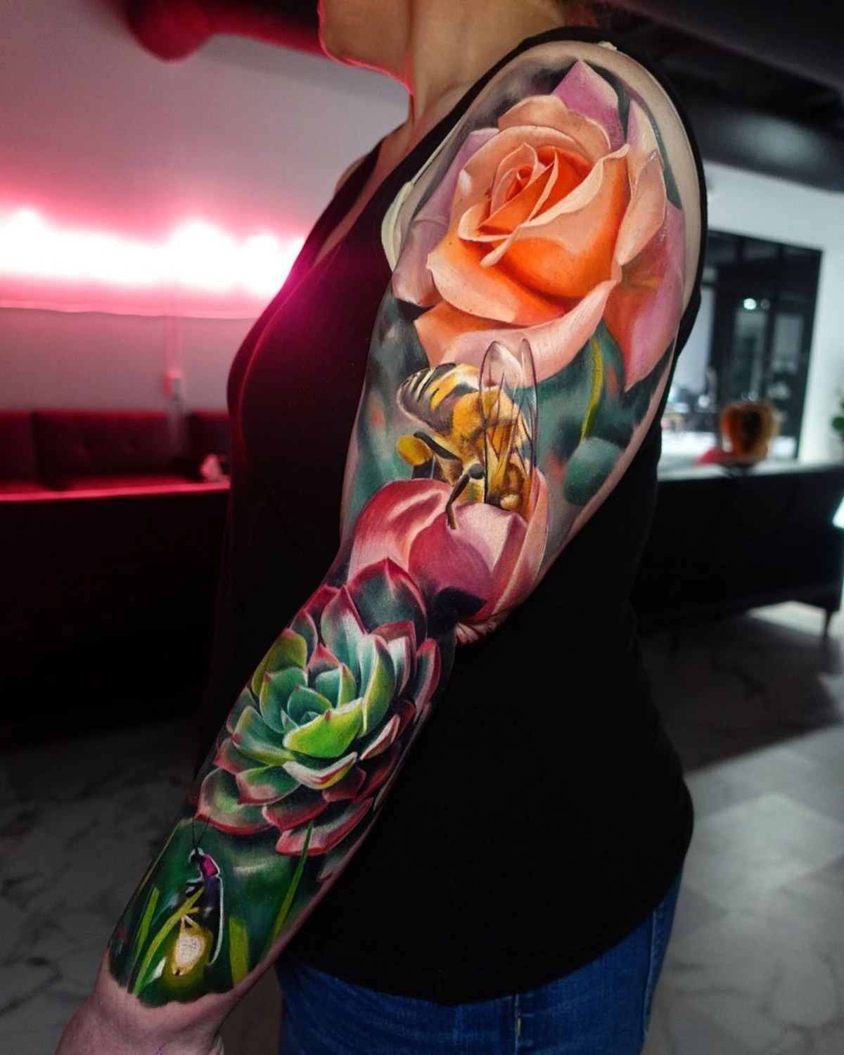 Floral sleeve with Roses, Succulents, Bee & Firefly | Best Tattoo Ideas For  Men & Women