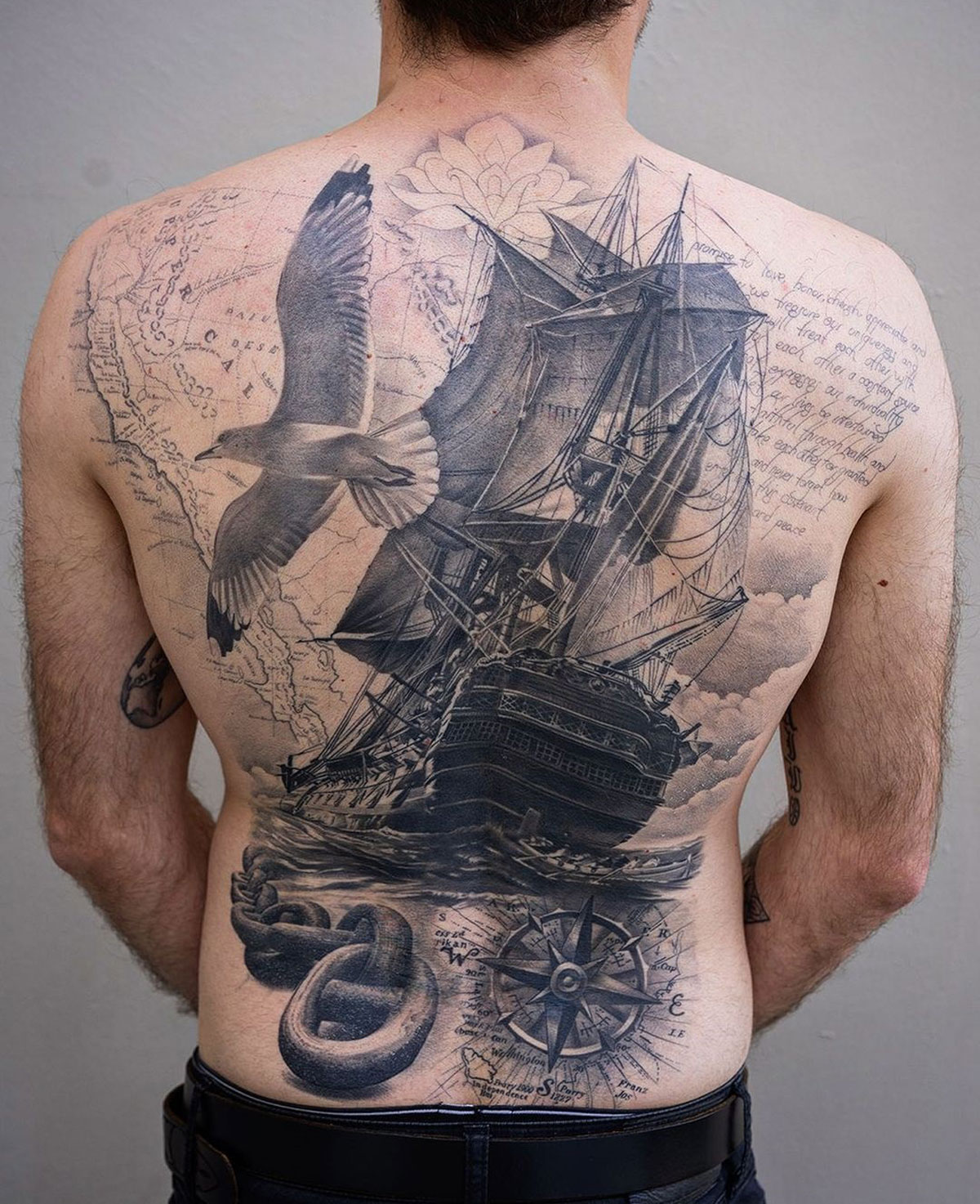 Sailing Ship, Compass & Map, Men's Full Back Tattoo