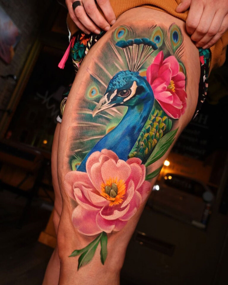 Peacock & Flowers Hip Tattoo