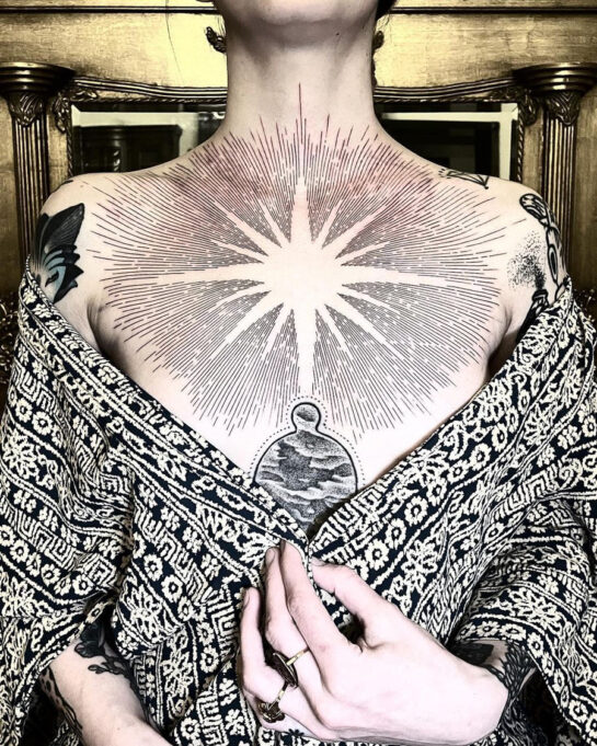 Sun Chest Tattoo, Black Ink Linework Tattoo Ideas For Men & Women in 2024