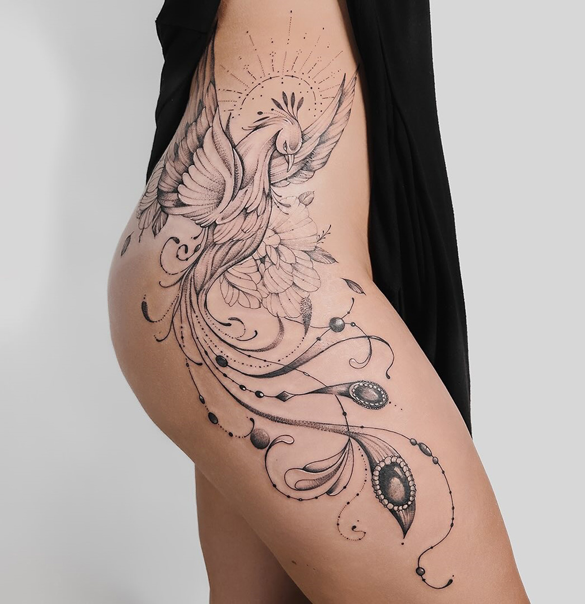 Ornamental Phoenix Hip Tattoo
